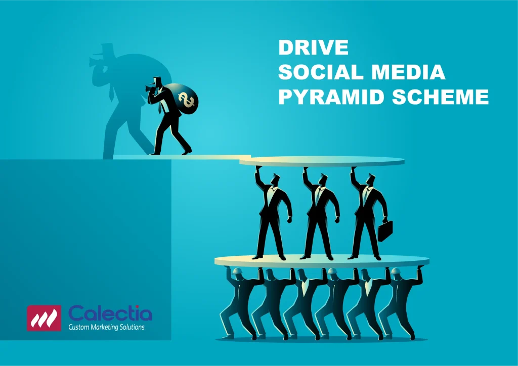 Illustration of a Drive Social Media Pyramid Scheme: workers lift platforms bearing investors as a money-bag profiteer leaves in shadow.