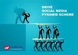 Illustration of a Drive Social Media Pyramid Scheme: workers lift platforms bearing investors as a money-bag profiteer leaves in shadow.