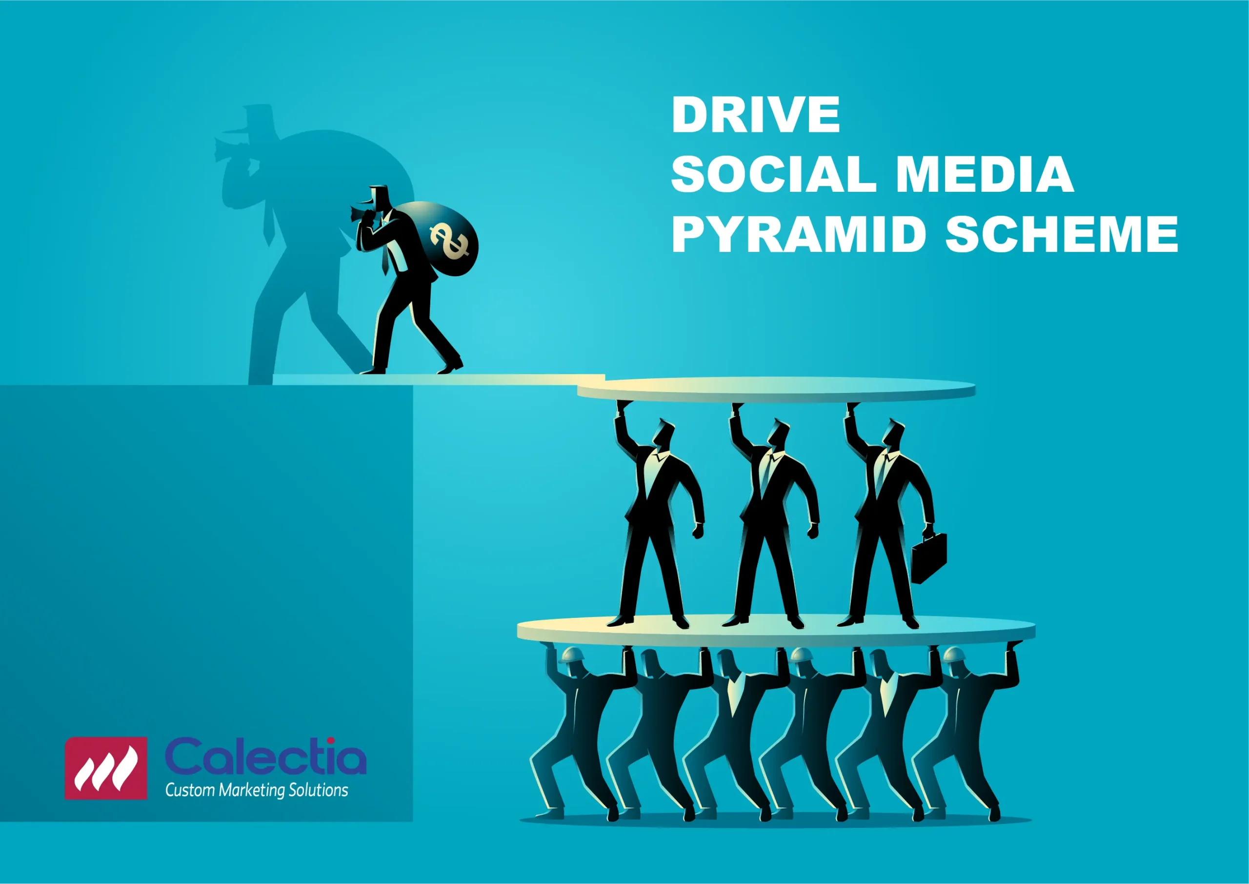 Illustration of a Drive Social Media Pyramid Scheme: workers lift platforms bearing investors as a money-bag profiteer leaves in shadow.