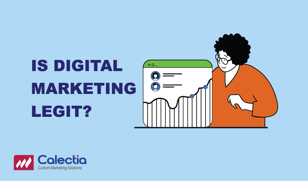 Is digital marketing legit - Illustration of a person analyzing digital marketing results with rising graph metrics
