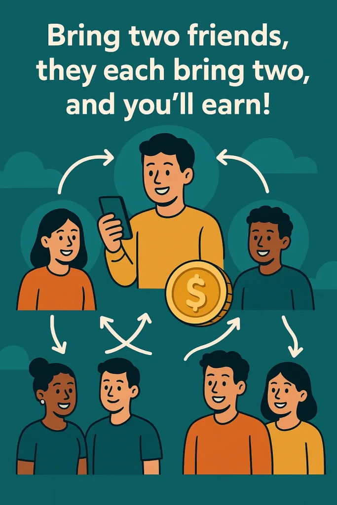 Illustration showing recruitment-focused messaging: “Bring two friends, they each bring two, and you’ll earn!”