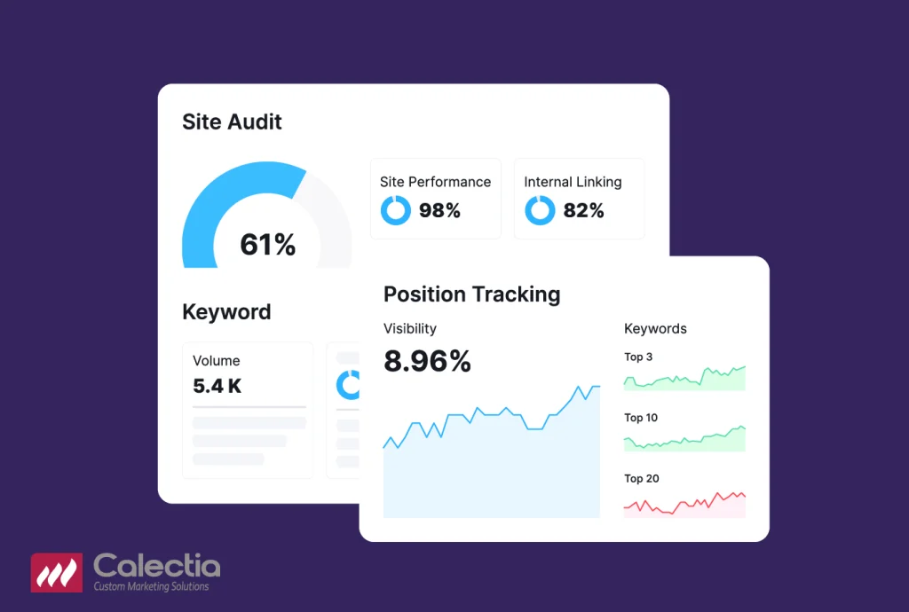 Illustrative analytics dashboard showing website audit scores, keyword volumes, and position tracking charts as part of Calectia's custom digital marketing solutions
