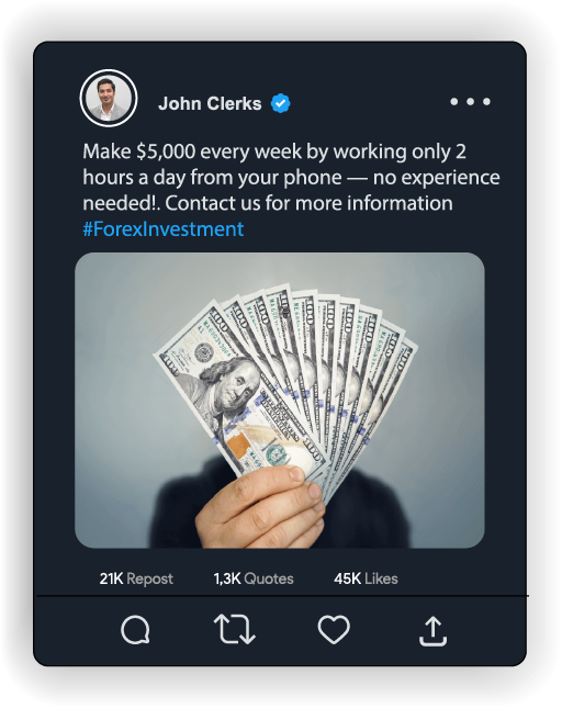 Screenshot of a flashy social media post promising "Earn $5,000 weekly working just 2 hours a day!"