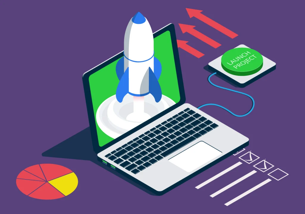SEO For Startup - Illustration of a laptop and a launch button to initiate a new project