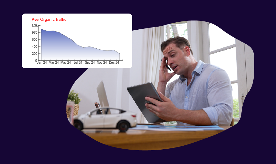 Concerned business owner reviewing declining website traffic analytics, needing seo services