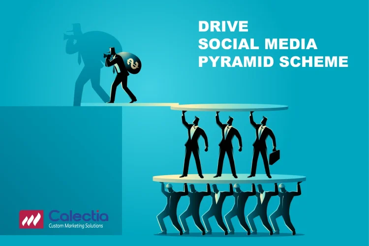 Illustration of a Drive Social Media Pyramid Scheme: workers lift platforms bearing investors as a money-bag profiteer leaves in shadow.