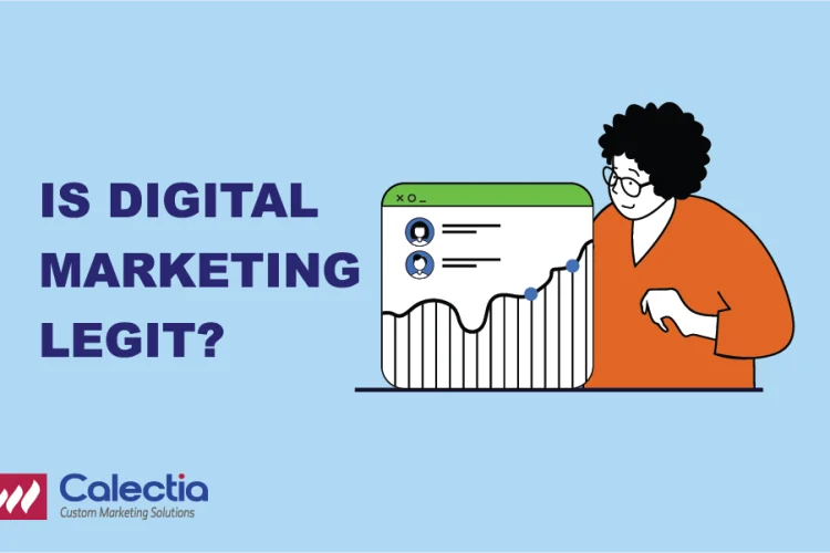 Is digital marketing legit - Illustration of a person analyzing digital marketing results with rising graph metrics