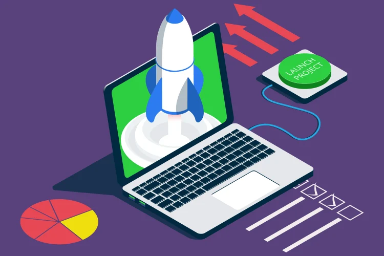 SEO For Startup - Illustration of a laptop and a launch button to initiate a new project